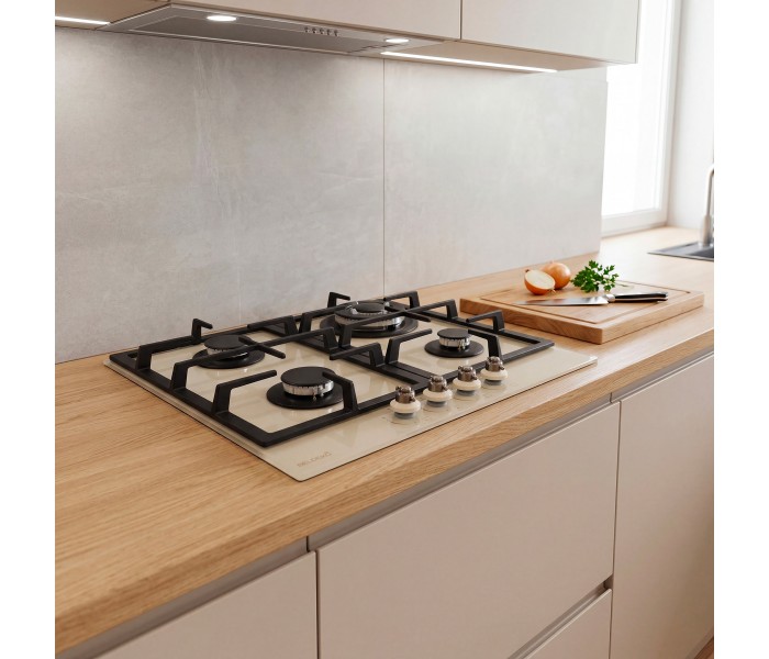 PLAQUE DE CUISSON GAZ 4 FOYERS DOUBLE COURONNE - VERRE BEIGE ET FONTE - 8000 WATTS - BELDEKO