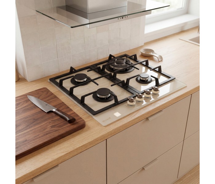 PLAQUE DE CUISSON GAZ 4 FOYERS DOUBLE COURONNE - VERRE BEIGE ET FONTE - 8000 WATTS - BELDEKO