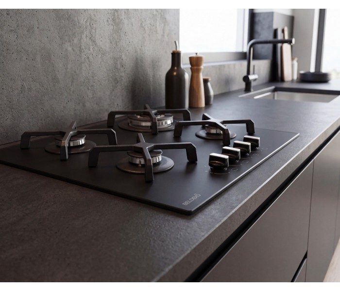 PLAQUE DE CUISSON GAZ 4 FOYERS DOUBLE COURONNE - VERRE NOIR MAT ET FONTE - 8000 WATTS - BELDEKO