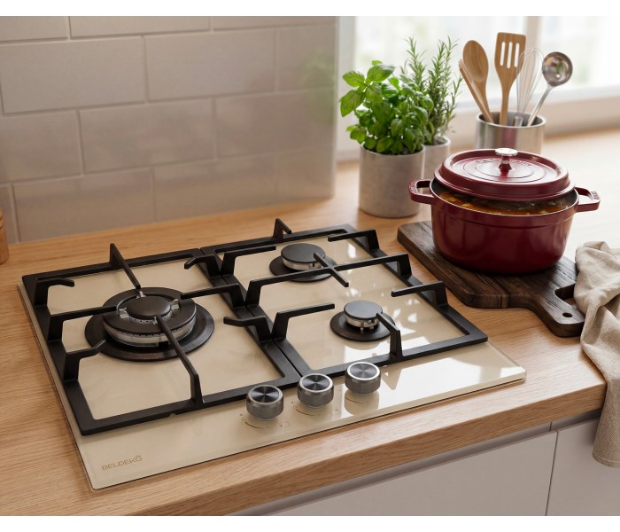 Plaque gaz beige, 3 feux, 3 zones, 3 foyers, plaque gaz beige 3 feux, encastrable