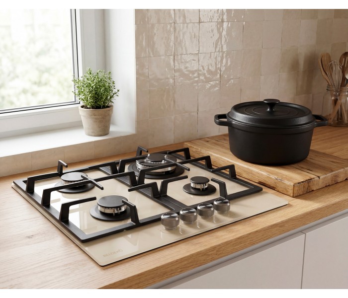 plaque gaz 4 feux, beige, plaque gaz beige, 4 zones, 4 foyers, encastrable, double couronne, verre, francaise, marque francaise