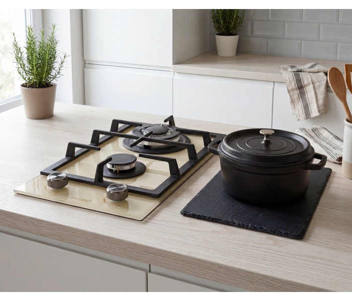 Domino gaz beige, plaque gaz 2 feux beige, plaque gaz, 2 feux, 2 foyers, encastrable