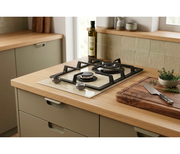 PLAQUE DE CUISSON GAZ 2 FOYERS DOUBLE COURONNE - VERRE BEIGE ET FONTE - 5200 WATTS - BELDEKO