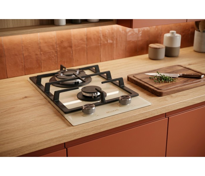 PLAQUE DE CUISSON GAZ 2 FOYERS DOUBLE COURONNE - VERRE BEIGE ET FONTE - 5200 WATTS - BELDEKO
