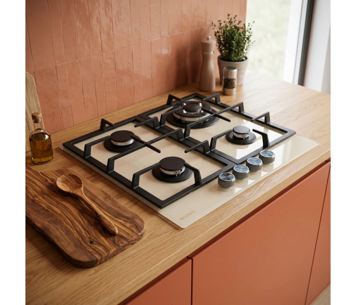 PLAQUE DE CUISSON GAZ 4 FOYERS DOUBLE COURONNE - VERRE BEIGE ET FONTE - 8000 WATTS - BELDEKO