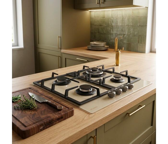 PLAQUE DE CUISSON GAZ 4 FOYERS DOUBLE COURONNE - VERRE BEIGE ET FONTE - 8000 WATTS - BELDEKO