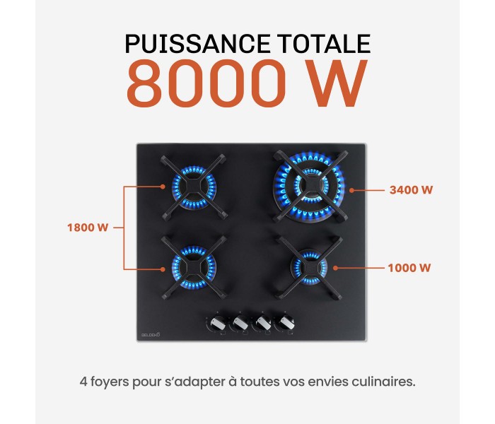 PLAQUE DE CUISSON GAZ 4 FOYERS DOUBLE COURONNE - VERRE NOIR MAT ET FONTE - 8000 WATTS - BELDEKO
