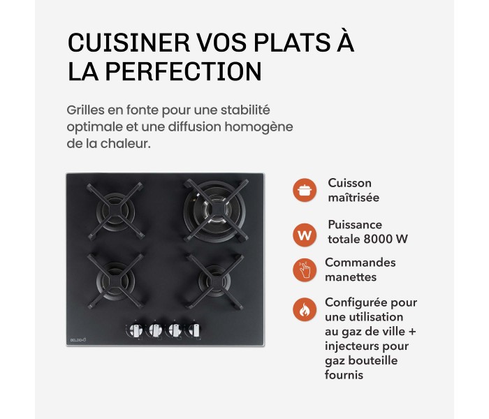 PLAQUE DE CUISSON GAZ 4 FOYERS DOUBLE COURONNE - VERRE NOIR MAT ET FONTE - 8000 WATTS - BELDEKO