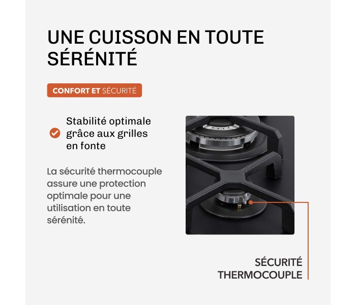 PLAQUE DE CUISSON GAZ 4 FOYERS DOUBLE COURONNE - VERRE NOIR MAT ET FONTE - 8000 WATTS - BELDEKO