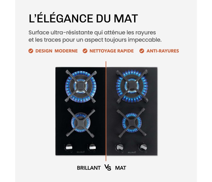 PLAQUE DE CUISSON GAZ 4 FOYERS DOUBLE COURONNE - VERRE NOIR MAT ET FONTE - 8000 WATTS - BELDEKO