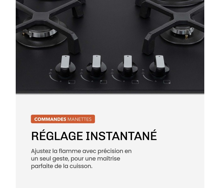 PLAQUE DE CUISSON GAZ 4 FOYERS DOUBLE COURONNE - VERRE NOIR MAT ET FONTE - 8000 WATTS - BELDEKO