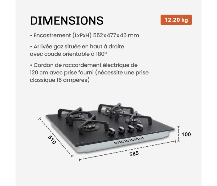 PLAQUE DE CUISSON GAZ 4 FOYERS DOUBLE COURONNE - VERRE NOIR MAT ET FONTE - 8000 WATTS - BELDEKO