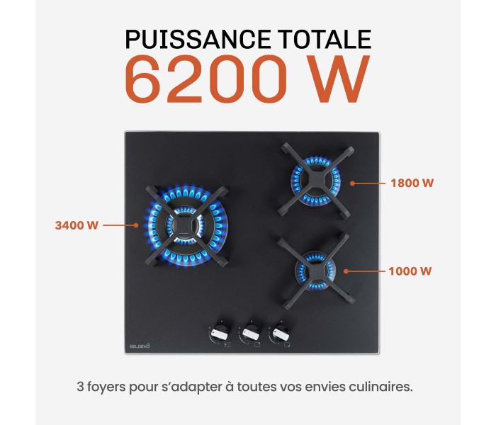 Plaque de cuisson gaz 3 feux, 3 foyers, 3 zones, encastrable, noir, noir mat, double couronne