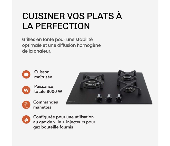 Plaque de cuisson gaz 3 feux, 3 foyers, 3 zones, encastrable, noir, noir mat, double couronne