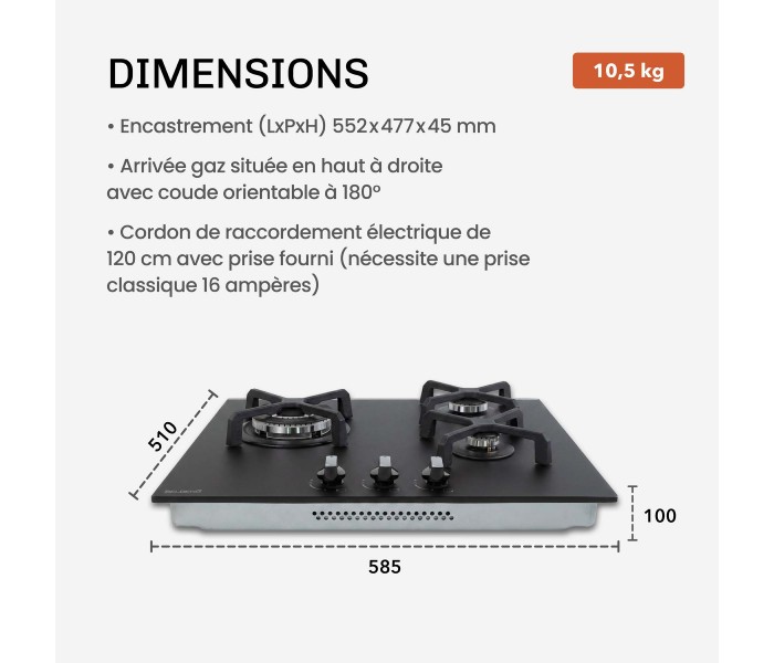 Plaque de cuisson gaz 3 feux, 3 foyers, 3 zones, encastrable, noir, noir mat, double couronne