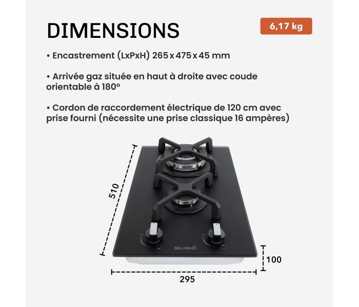 Plaque gaz 2 feux, noir mat, encastrable, double couronne, verre dépoli, beldeko, domino gaz, 2 zones