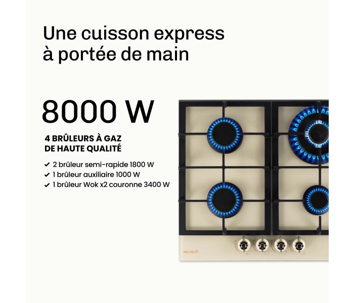 plaque gaz 4 feux, beige, plaque gaz beige, 4 zones, 4 foyers, encastrable, double couronne, verre, francaise, marque francaise