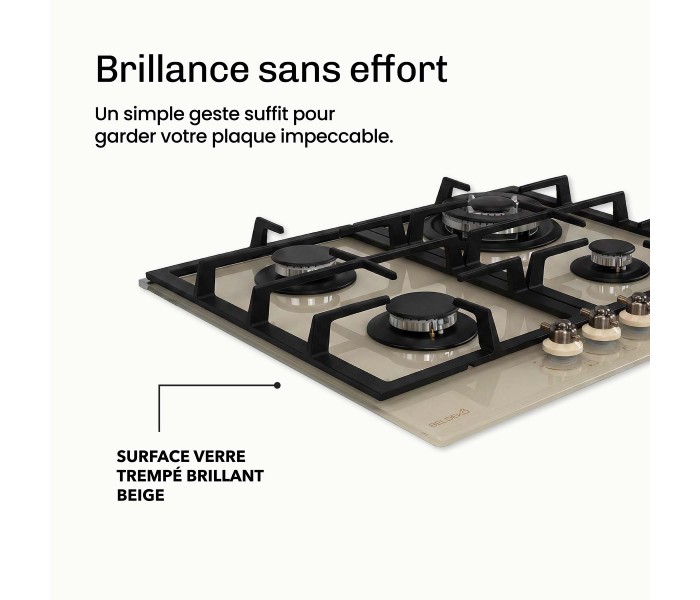 plaque gaz 4 feux, beige, plaque gaz beige, 4 zones, 4 foyers, encastrable, double couronne, verre, francaise, marque francaise