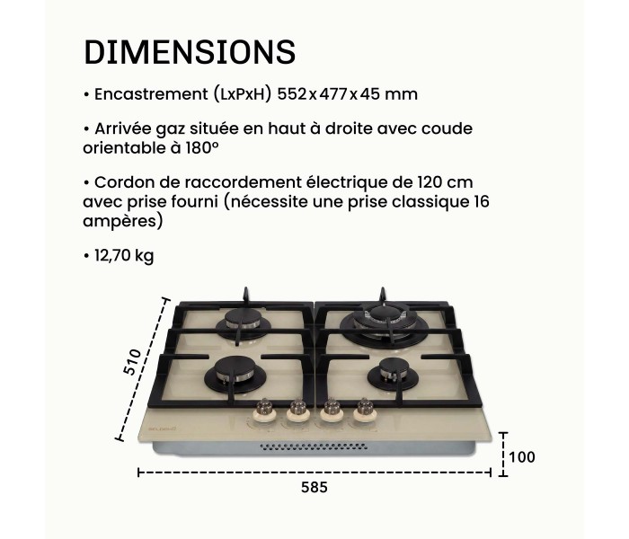 plaque gaz 4 feux, beige, plaque gaz beige, 4 zones, 4 foyers, encastrable, double couronne, verre, francaise, marque francaise