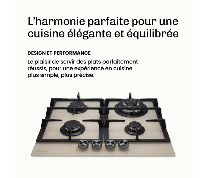 plaque gaz 4 feux, beige, plaque gaz beige, 4 zones, 4 foyers, encastrable, double couronne, verre, francaise, marque francaise