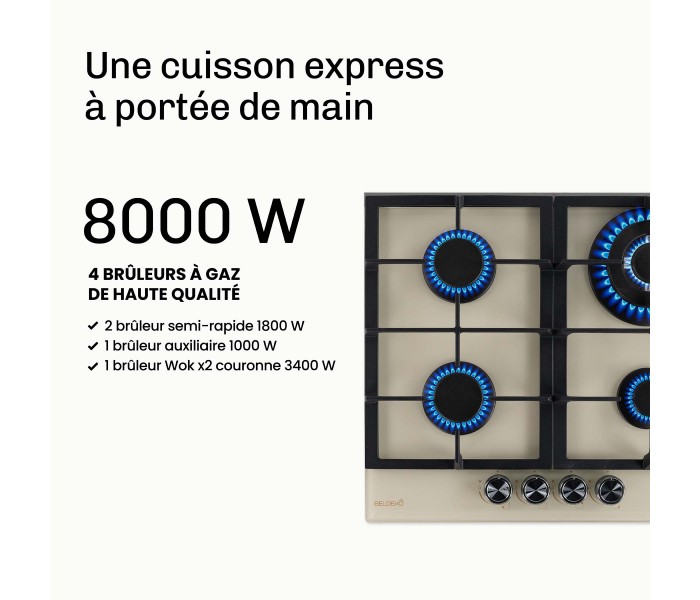 plaque gaz 4 feux, beige, plaque gaz beige, 4 zones, 4 foyers, encastrable, double couronne, verre, francaise, marque francaise