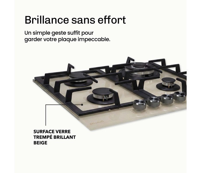 plaque gaz 4 feux, beige, plaque gaz beige, 4 zones, 4 foyers, encastrable, double couronne, verre, francaise, marque francaise