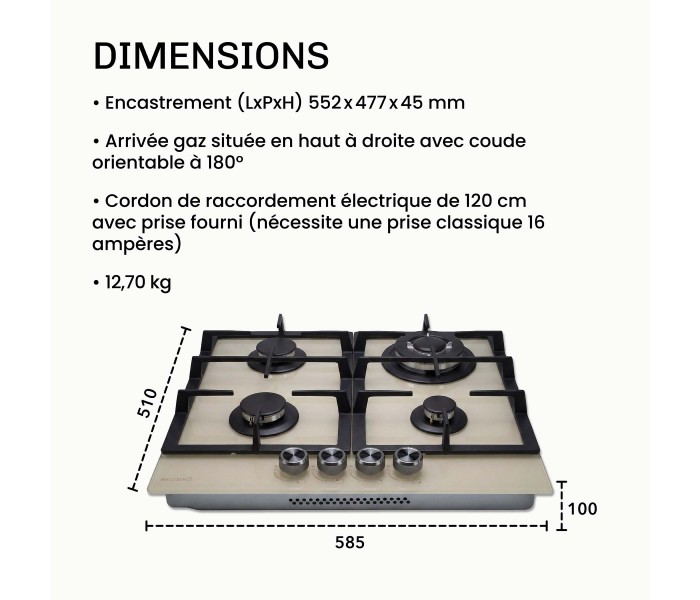 plaque gaz 4 feux, beige, plaque gaz beige, 4 zones, 4 foyers, encastrable, double couronne, verre, francaise, marque francaise