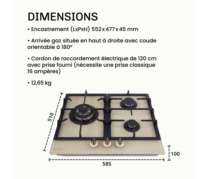Plaque gaz beige, 3 feux, 3 zones, 3 foyers, plaque gaz beige 3 feux, encastrable, plaque gaz marron, plaque gaz crème
