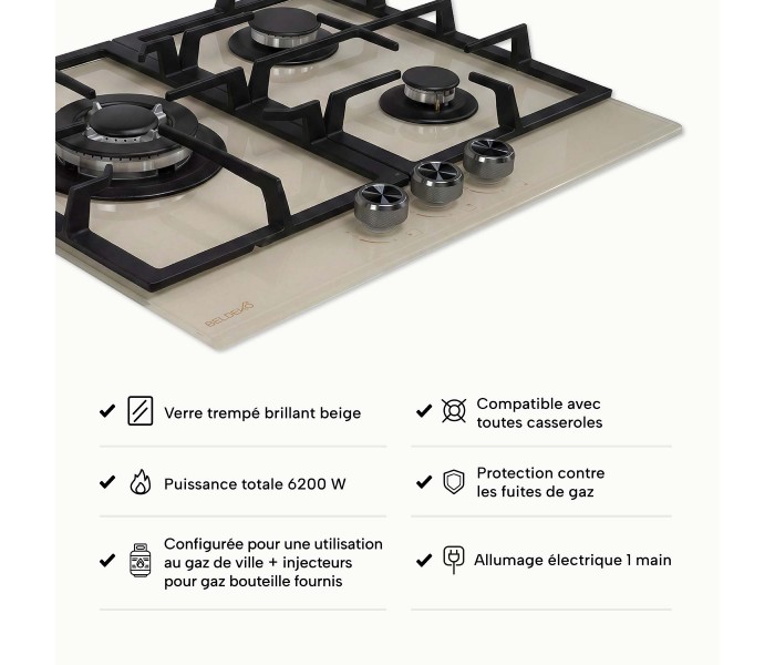 Plaque gaz beige, 3 feux, 3 zones, 3 foyers, plaque gaz beige 3 feux, encastrable