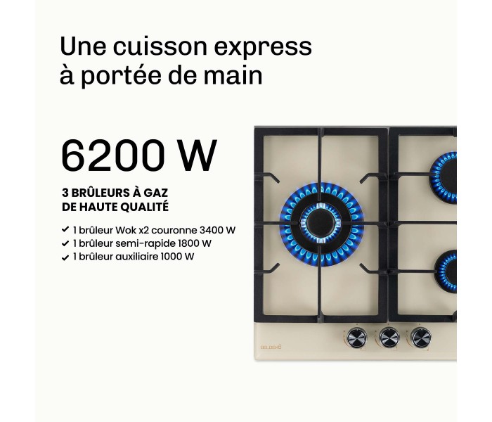 Plaque gaz beige, 3 feux, 3 zones, 3 foyers, plaque gaz beige 3 feux, encastrable
