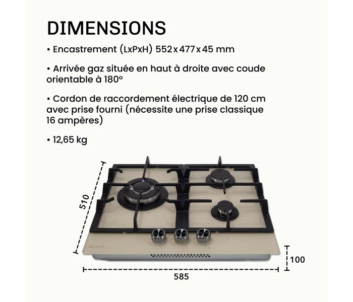 Plaque gaz beige, 3 feux, 3 zones, 3 foyers, plaque gaz beige 3 feux, encastrable