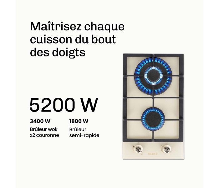 PLAQUE DE CUISSON GAZ 2 FOYERS DOUBLE COURONNE - VERRE BEIGE ET FONTE - 5200 WATTS - BELDEKO