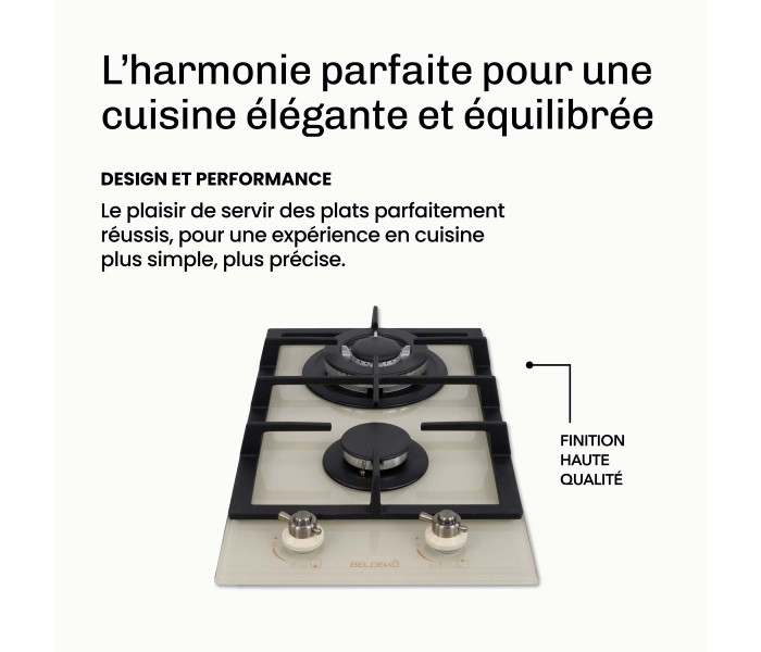 PLAQUE DE CUISSON GAZ 2 FOYERS DOUBLE COURONNE - VERRE BEIGE ET FONTE - 5200 WATTS - BELDEKO