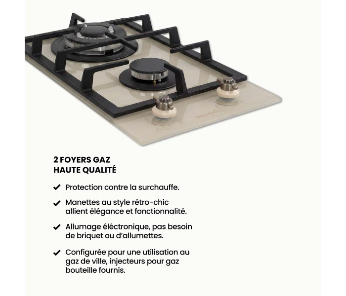 PLAQUE DE CUISSON GAZ 2 FOYERS DOUBLE COURONNE - VERRE BEIGE ET FONTE - 5200 WATTS - BELDEKO