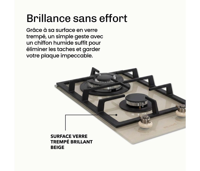 PLAQUE DE CUISSON GAZ 2 FOYERS DOUBLE COURONNE - VERRE BEIGE ET FONTE - 5200 WATTS - BELDEKO