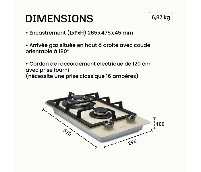 PLAQUE DE CUISSON GAZ 2 FOYERS DOUBLE COURONNE - VERRE BEIGE ET FONTE - 5200 WATTS - BELDEKO