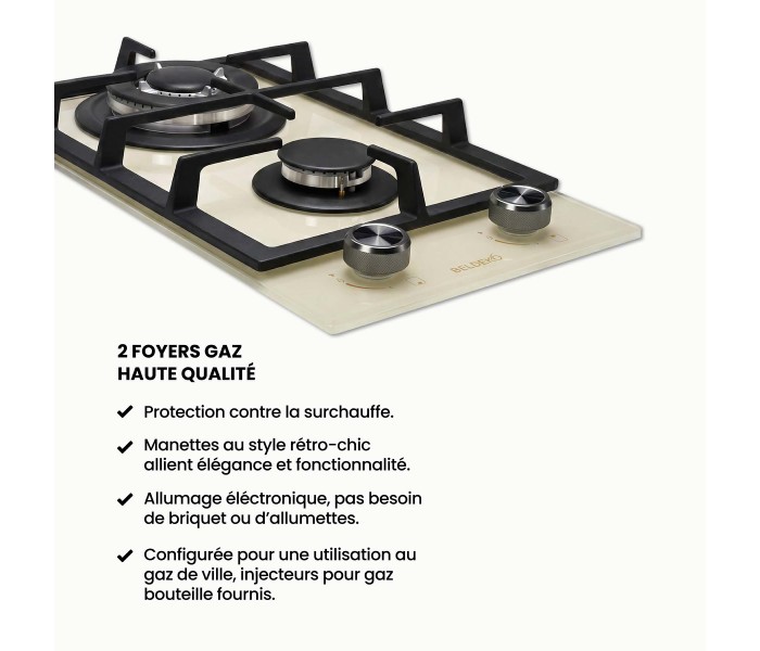 Domino gaz beige, plaque gaz 2 feux beige, plaque gaz, 2 feux, 2 foyers, encastrable