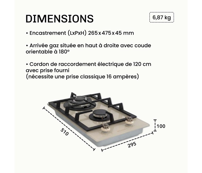 Domino gaz beige, plaque gaz 2 feux beige, plaque gaz, 2 feux, 2 foyers, encastrable