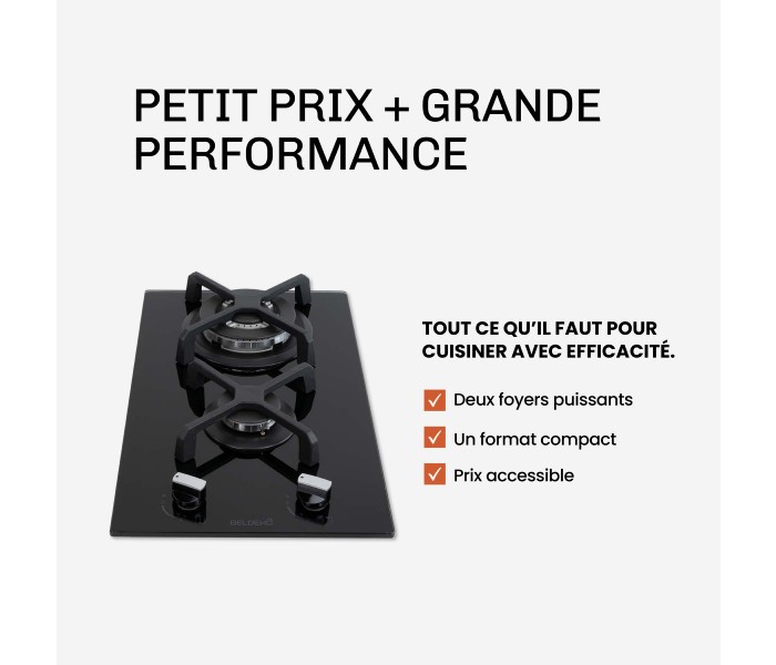 Domino gaz, verre noir, plaque gaz, 2 feux, 2 foyers, 2 zones, double couronne, fonte, puissante, encastrable