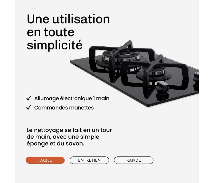 Domino gaz, verre noir, plaque gaz, 2 feux, 2 foyers, 2 zones, double couronne, fonte, puissante, encastrable