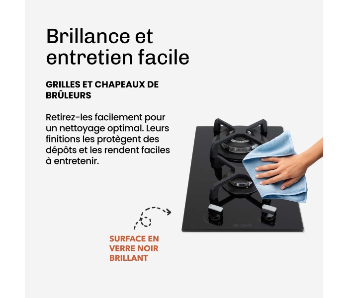 Domino gaz, verre noir, plaque gaz, 2 feux, 2 foyers, 2 zones, double couronne, fonte, puissante, encastrable