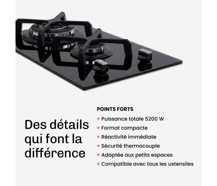 Domino gaz, verre noir, plaque gaz, 2 feux, 2 foyers, 2 zones, double couronne, fonte, puissante, encastrable