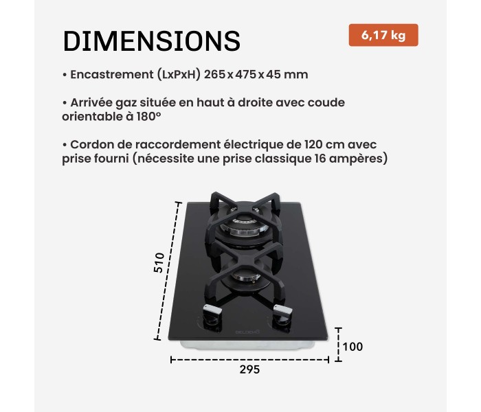Domino gaz, verre noir, plaque gaz, 2 feux, 2 foyers, 2 zones, double couronne, fonte, puissante, encastrable