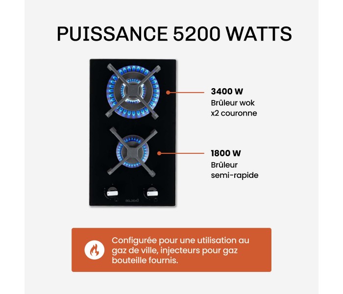 Domino gaz, verre noir, plaque gaz, 2 feux, 2 foyers, 2 zones, double couronne, fonte, puissante, encastrable