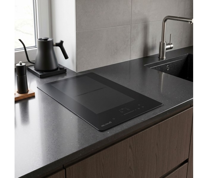 Domino induction, plaque induction, 2 feux, 2 zones, flex, noir mat, mat, encastrable, avec prise,