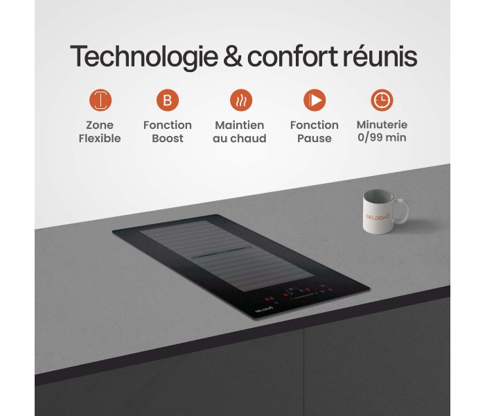 Plaque Induction Encastrable 2 Zones Flex Bridge 3500W BELDEKO, Verre Noir Mat Antirayure — vue des commandes