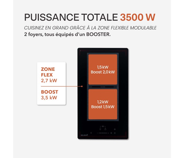Plaque Induction Encastrable 2 Zones Flex Bridge 3500W - Verre Noir Mat Antirayure - Booster - Prise