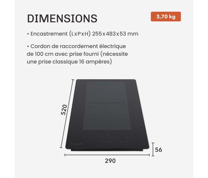 Plaque Induction Encastrable 2 Zones Flex Bridge 3500W BELDEKO, Verre Noir Mat Antirayure — dimensions et encastrement