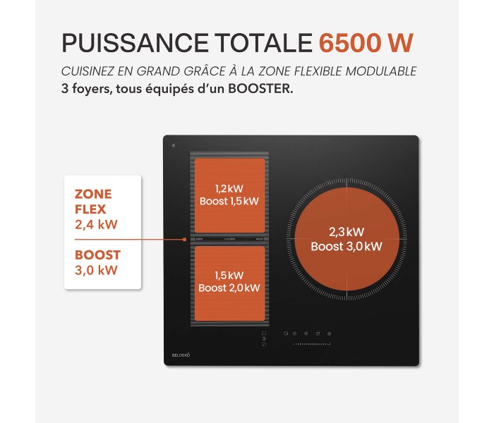 Plaque Induction Encastrable 3 Zones Flex 6500W - Verre Noir Mat Antirayure - 3 Boosters - Slider - Pause