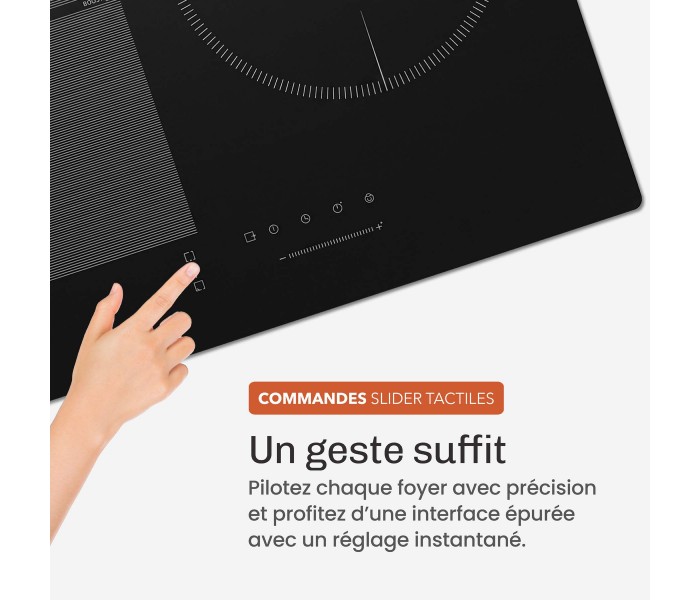 Plaque Induction Encastrable 3 Zones Flex 6500W BELDEKO, Verre Noir Mat Antirayure, 3 Boosters — gros plan détaillé